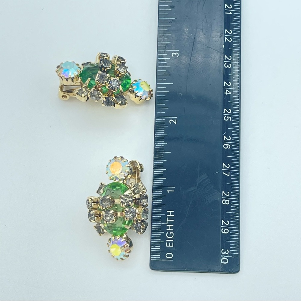 Vintage 50s Rhinestone Earrings | 1950s Clip-on Aurora Borealis Retro Jewelry - Picture 14 of 15